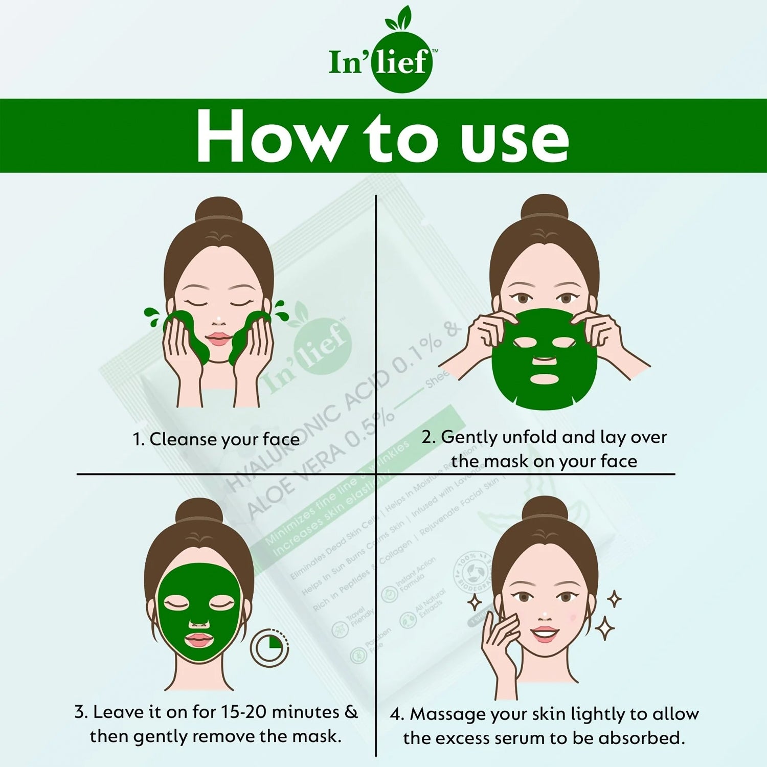 In’lief Hyaluronic Acid 0.1% & Aloe Vera 0.5% Hydrating Facial mask (1 Pc) In’lief Hyaluronic Acid 0.1% & Aloe Vera 0.5% Hydrating Facial mask (1 Pc)